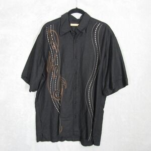 The Havaera Co Mens Black Linen Blend Embroidered Short Sleeve Button Down Shirt